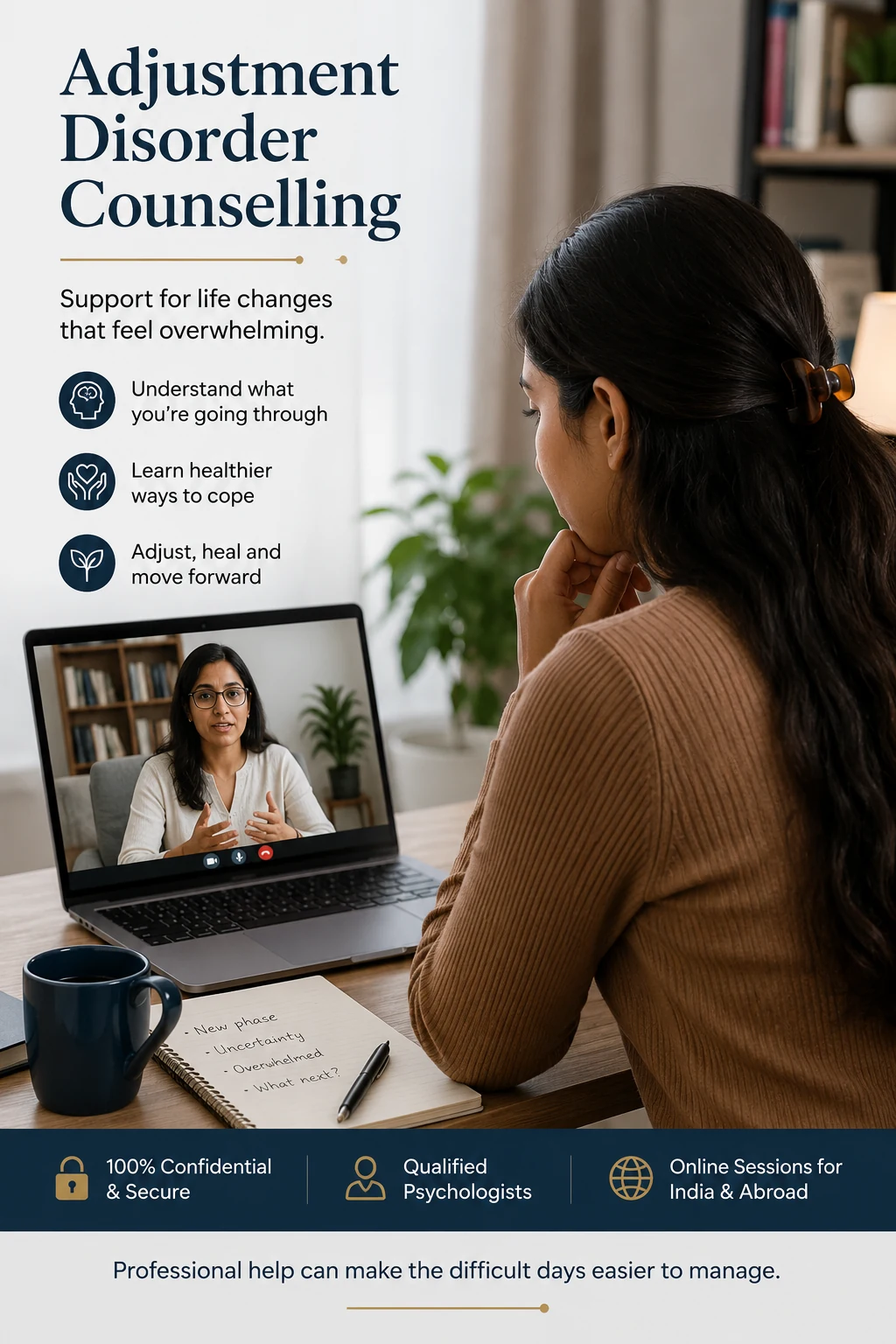 Indian adult attending private online adjustment counselling with a LeapHope psychologist