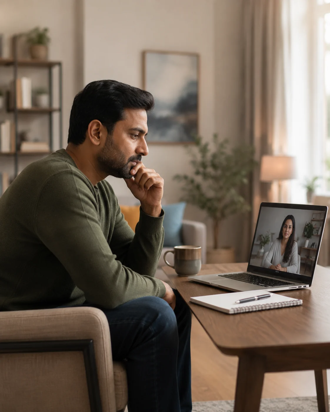 Adult speaking with a psychologist online while feeling uncertain about separation or divorce