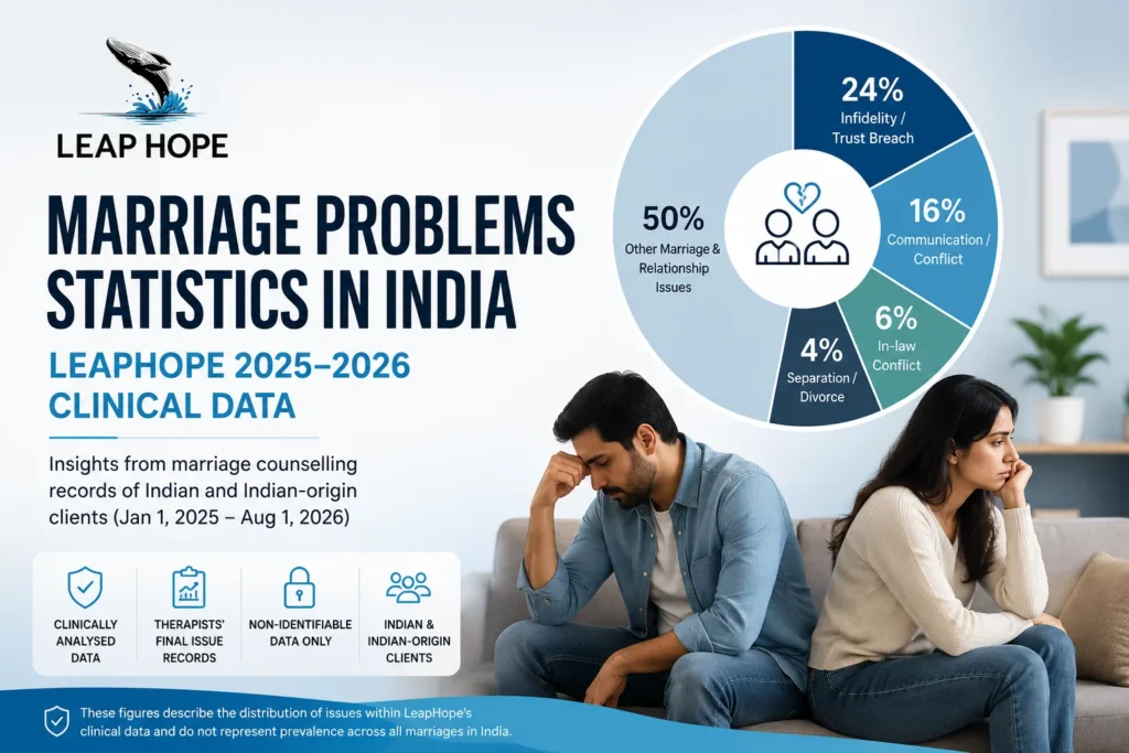 Marriage problems statistics in India from LeapHope 2025–2026 clinical data showing infidelity, communication conflict, in-law issues and separation concerns.