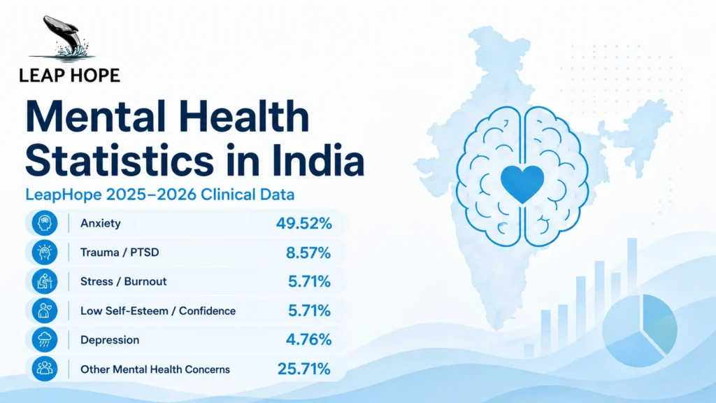 Mental health statistics in India from LeapHope 2025–2026 clinical data showing anxiety, trauma, stress, low self-esteem and depression concerns.