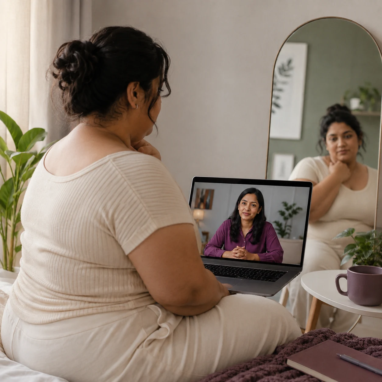 Indian adult speaking with a psychologist during online body image counselling