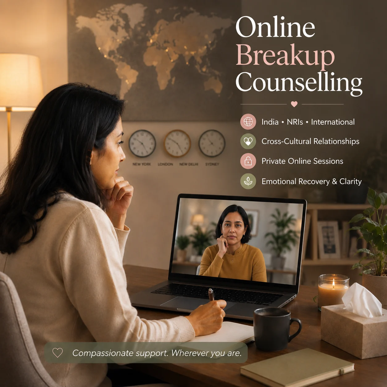 Adult attending online breakup counselling across different cultural and international relationship contexts
