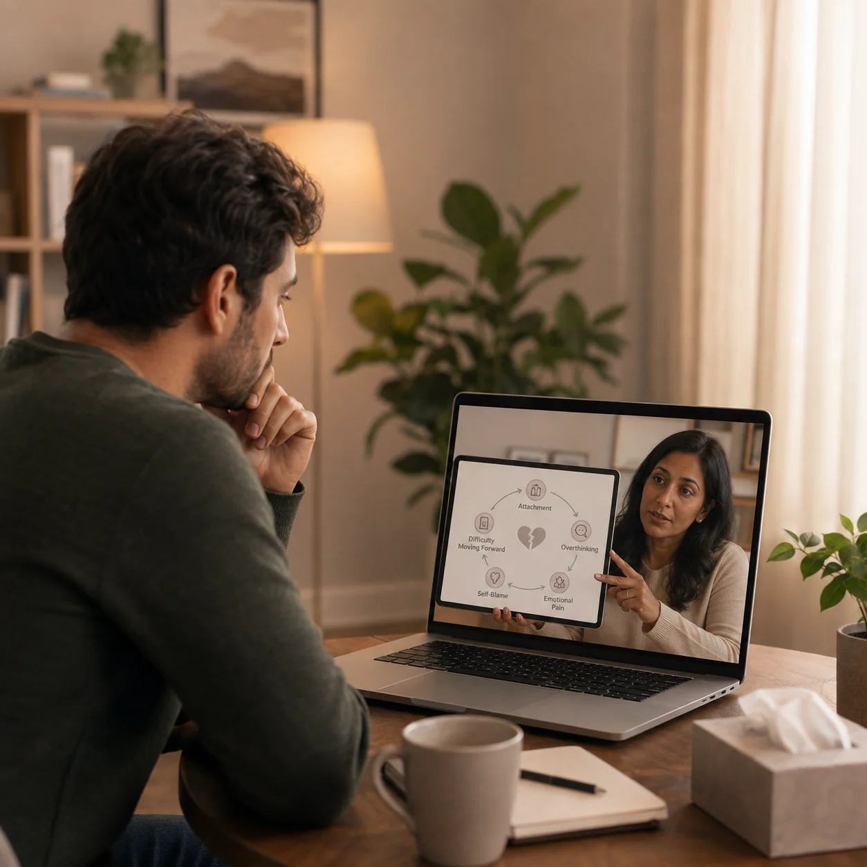Adult reflecting during online breakup counselling with a psychologist