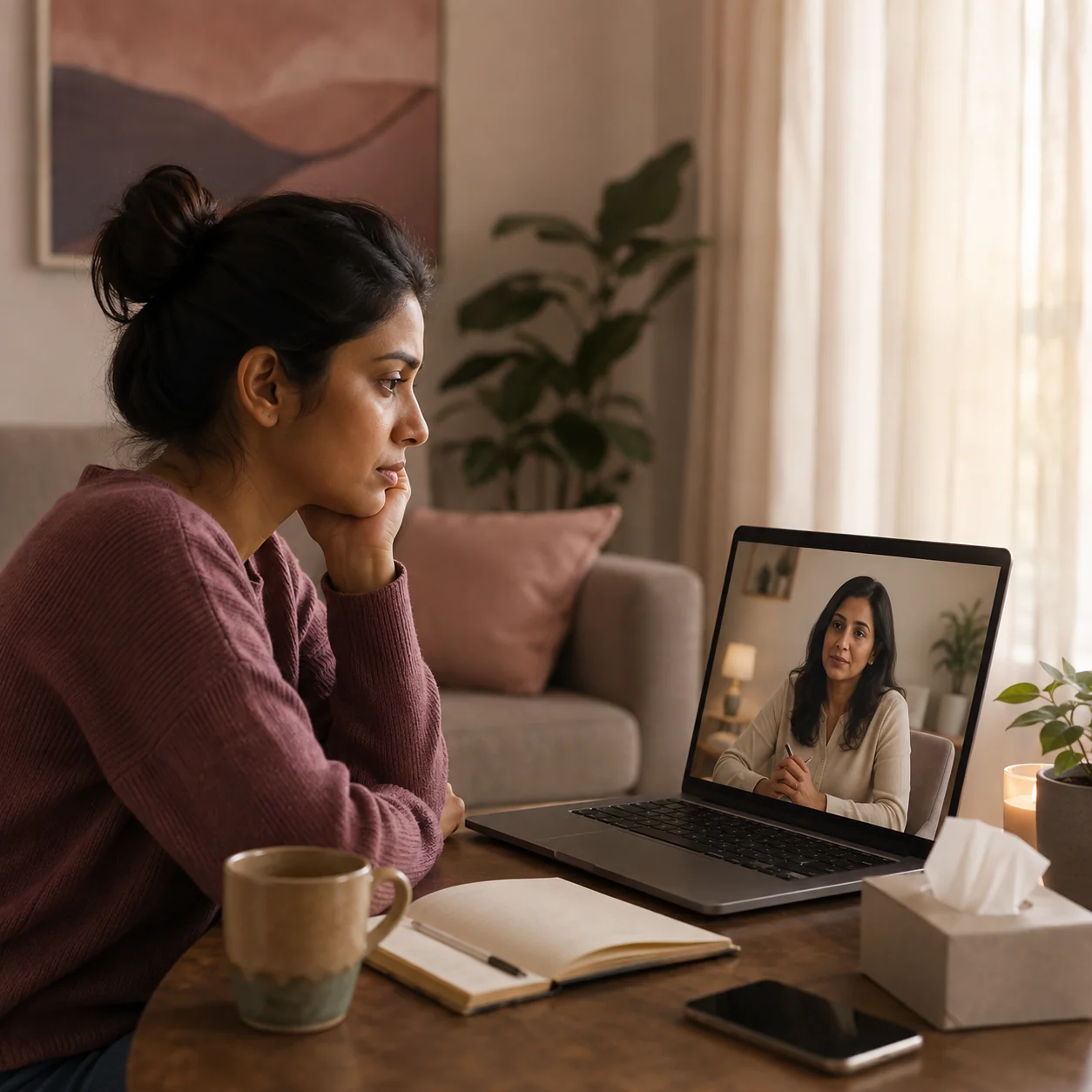 Adult attending online breakup counselling with a psychologist