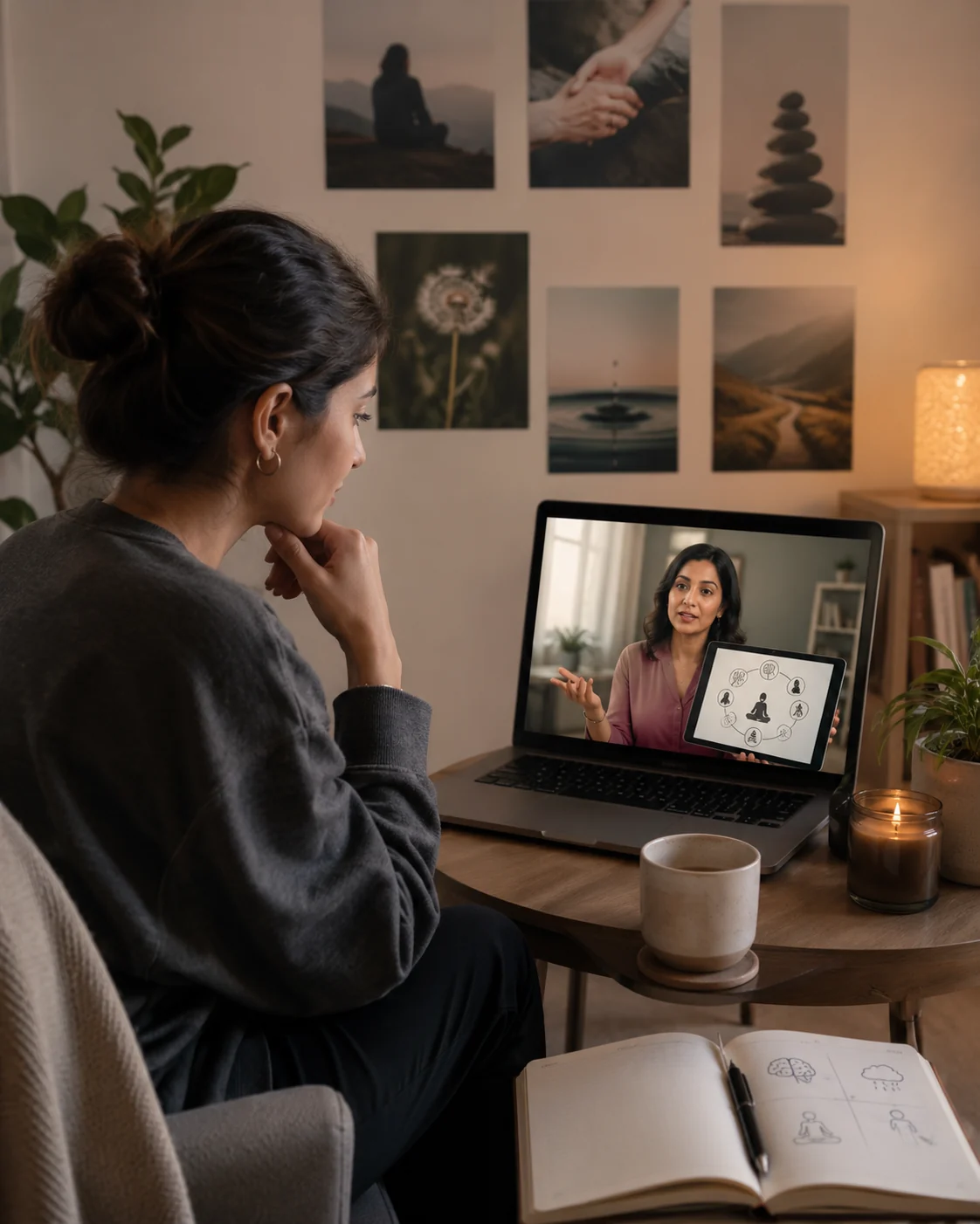 Adult attending online breakup therapy with a psychologist