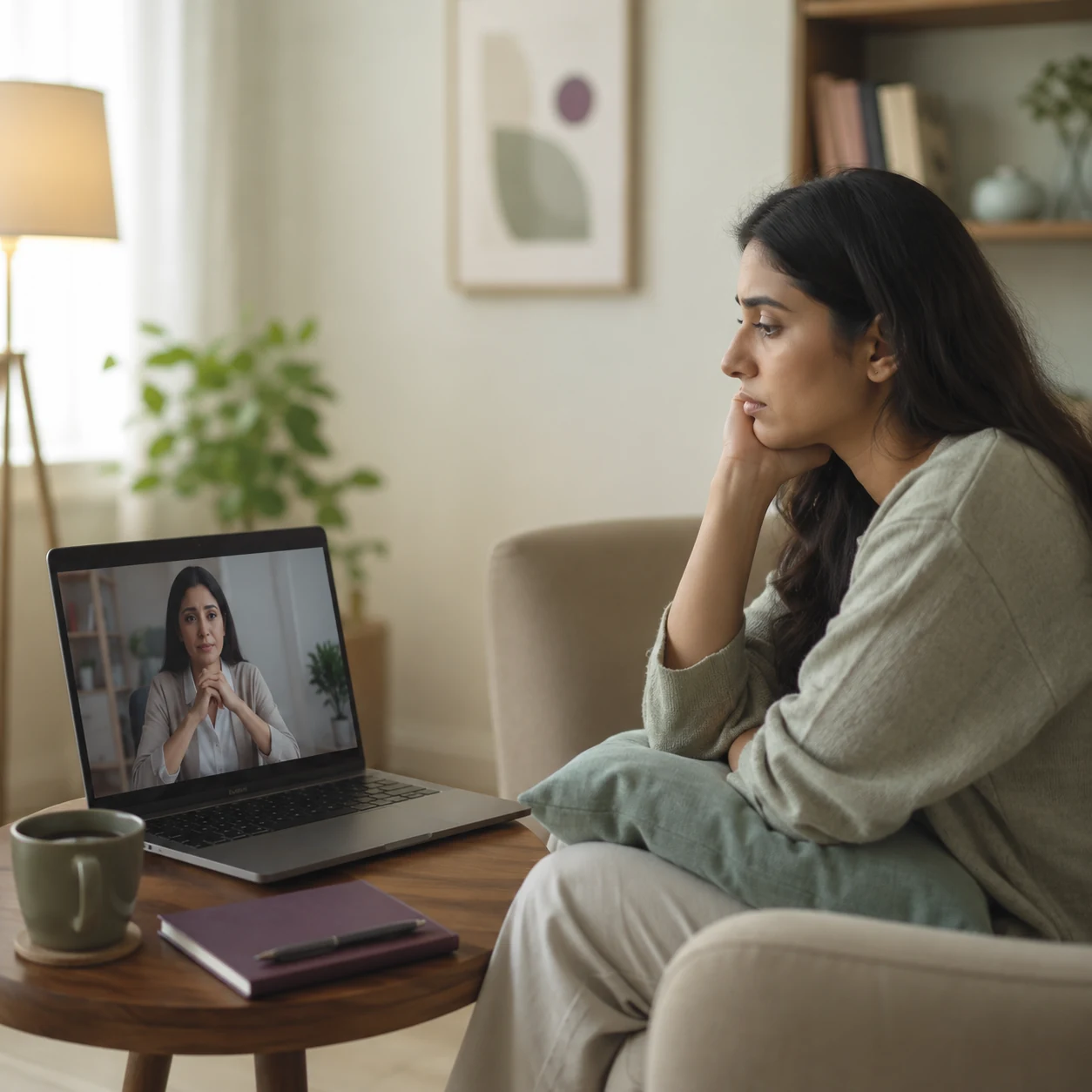 Woman speaking privately with a psychologist during online emotional abuse counselling