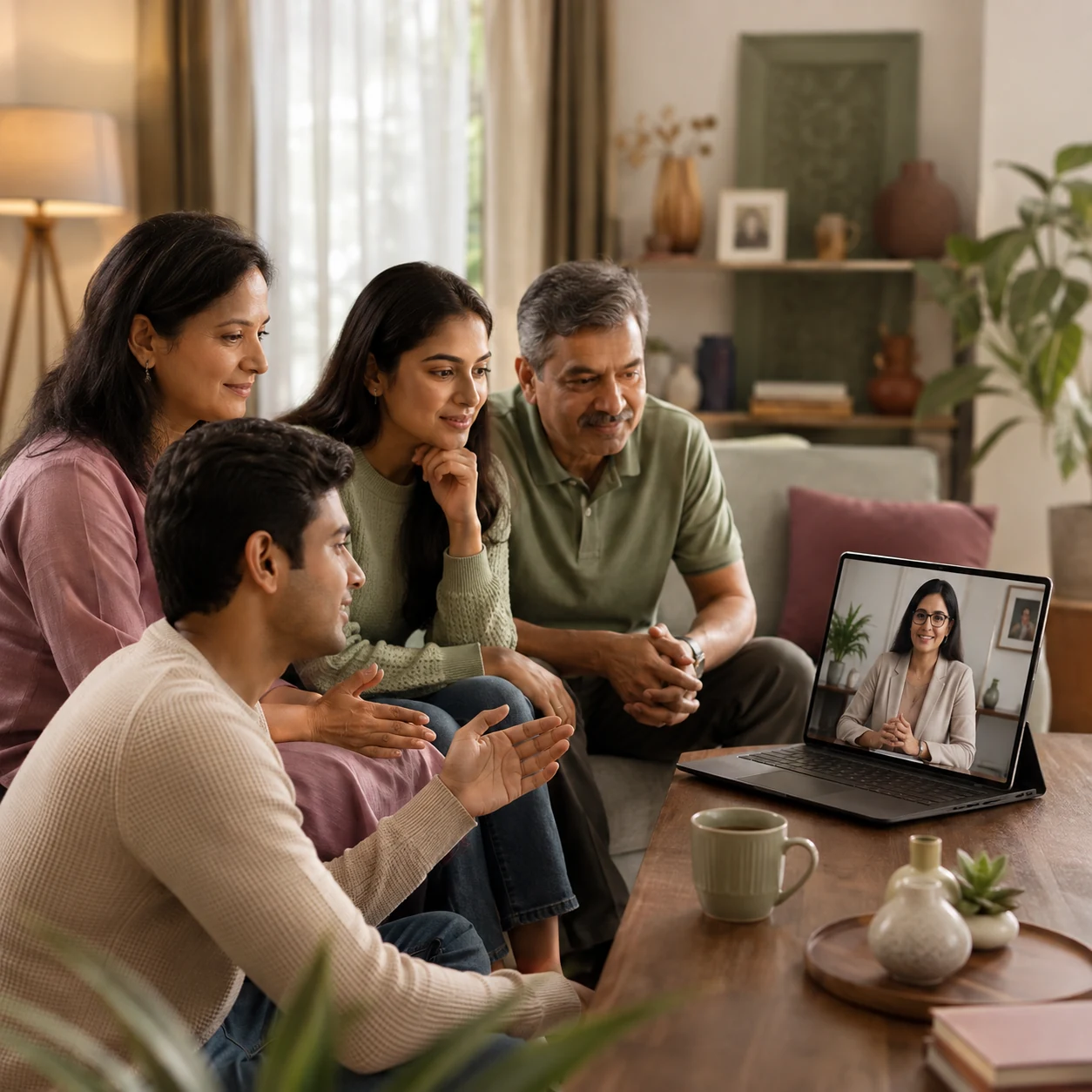 Indian family attending online family counselling with a psychologist