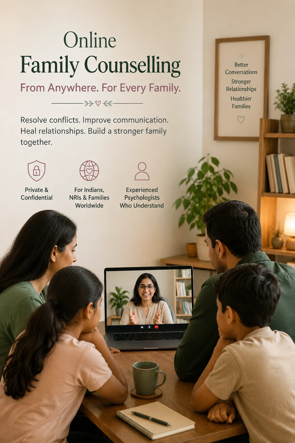Indian family members joining an online family counselling session with a LeapHope psychologist