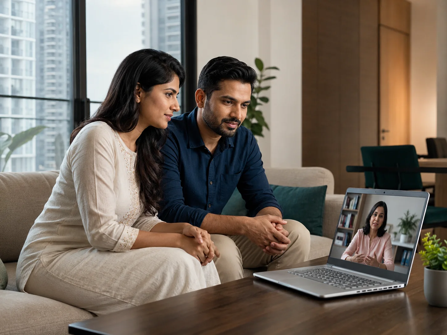 Indian couple attending online marriage counselling in Gurgaon