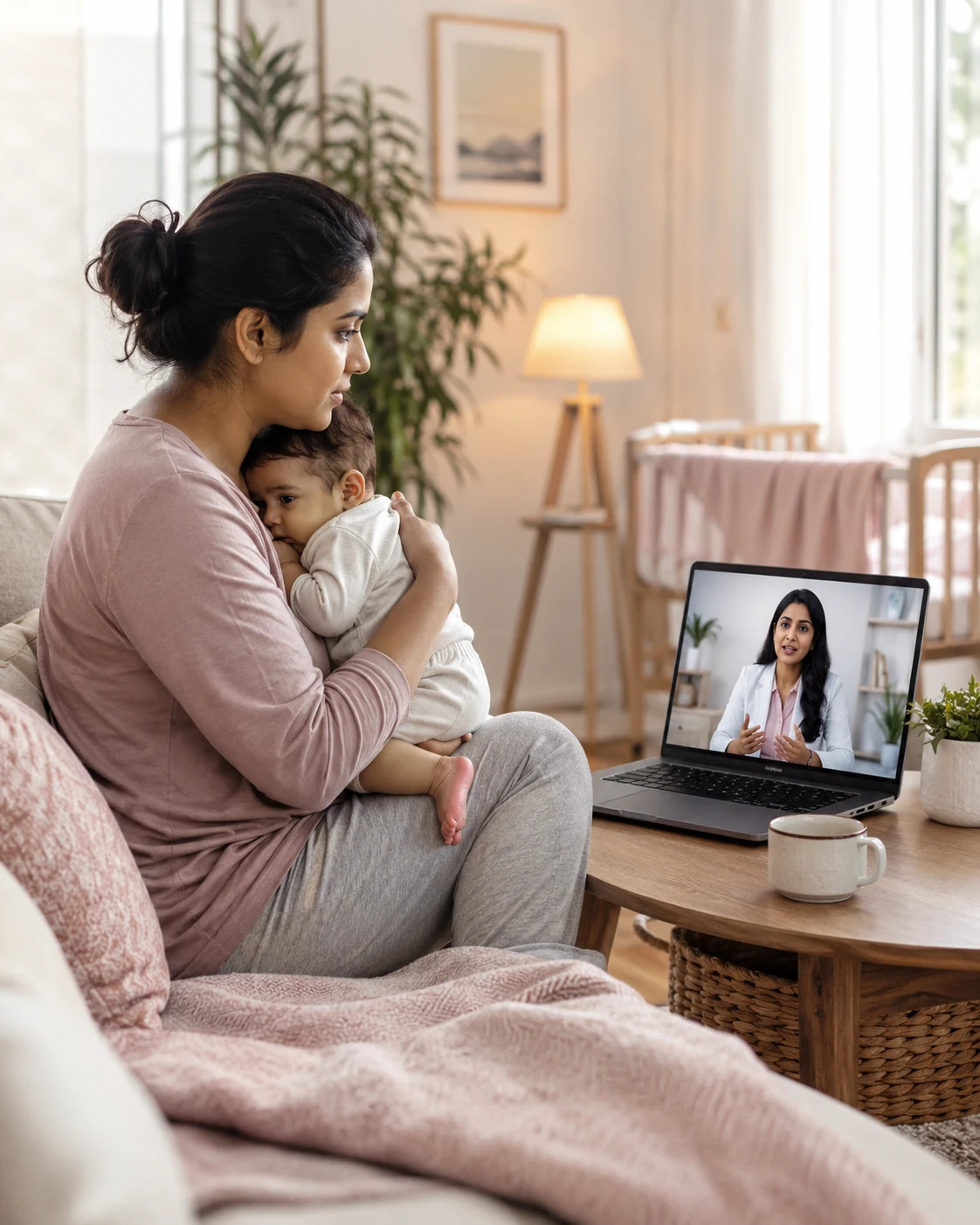 Indian mother holding her baby while receiving postpartum mental health support