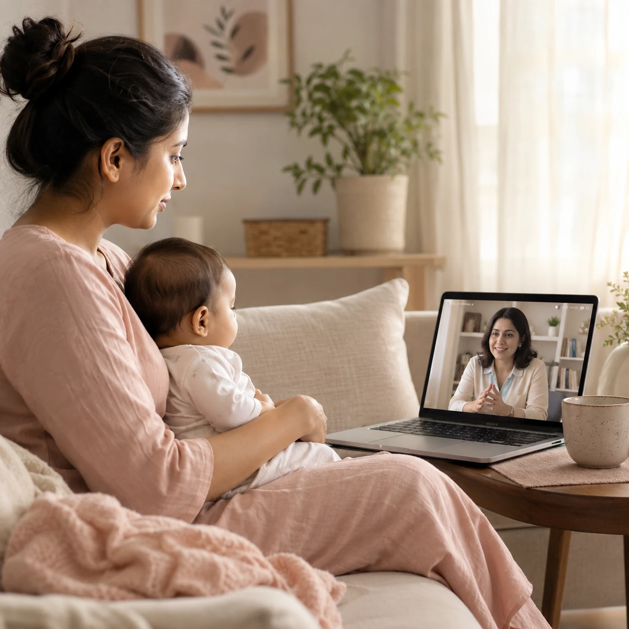 Indian mother attending online postpartum depression counselling from home