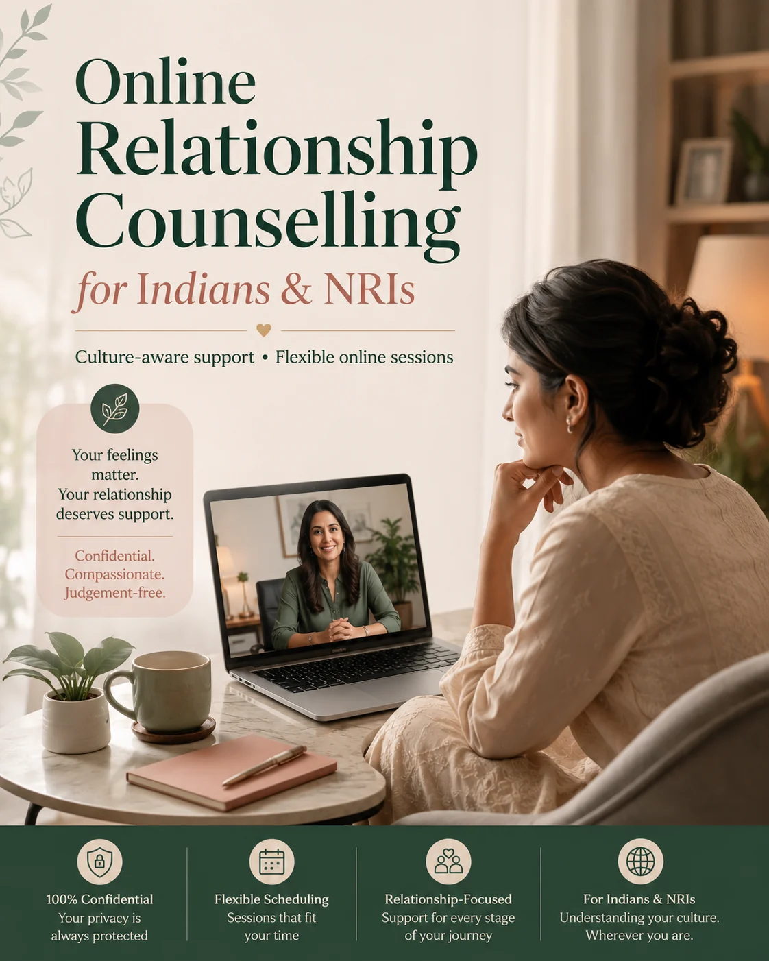 Indian and international partners speaking with an online relationship counselor in a virtual therapy session