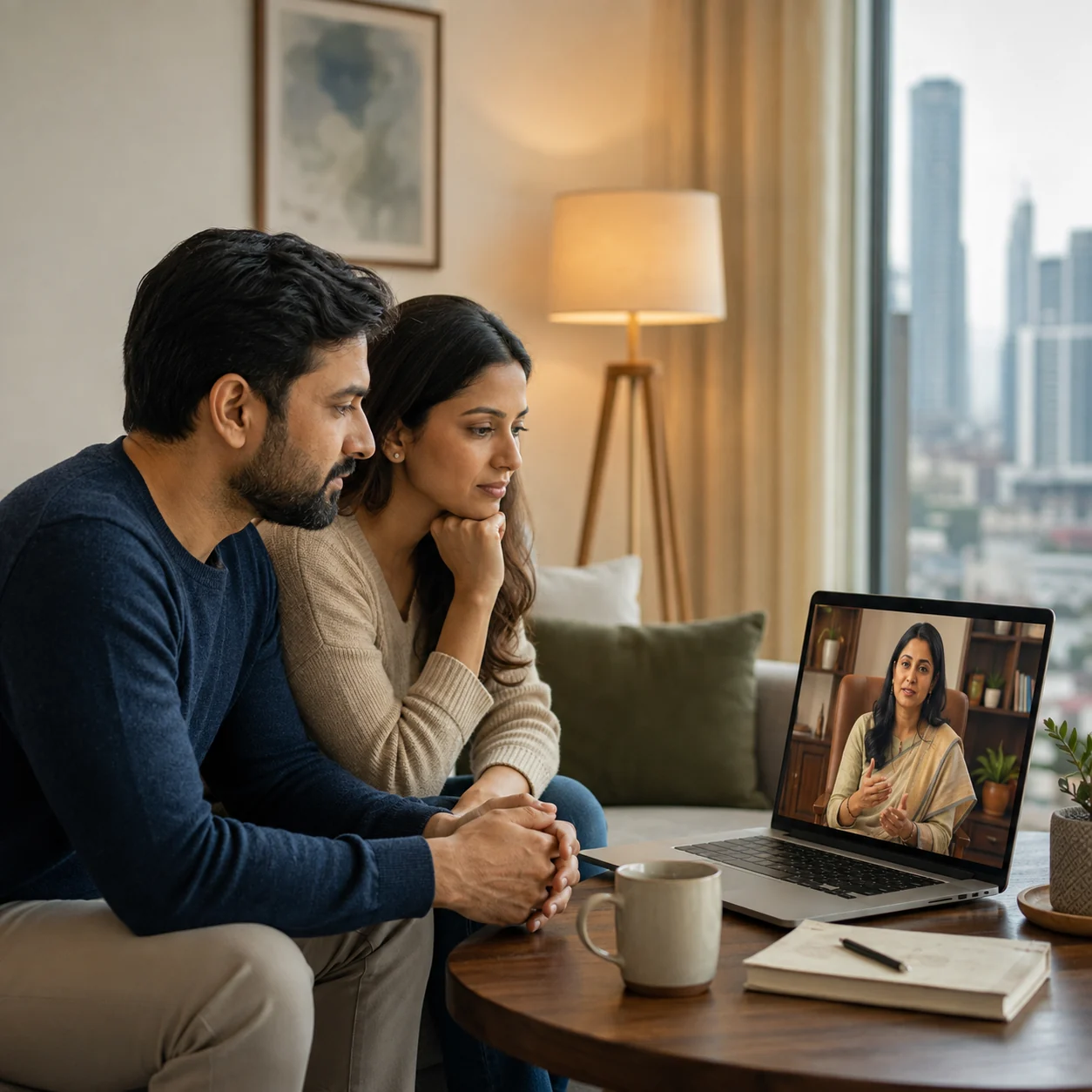 Indian couple attending online relationship counselling with an Indian psychologist