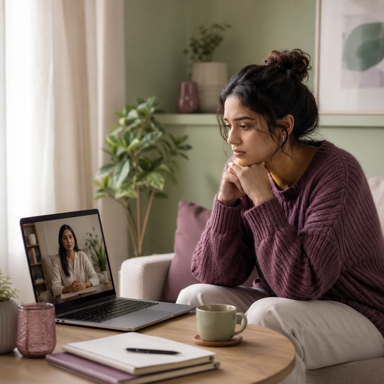 Adult discussing relationship anxiety and attachment issues with a psychologist online