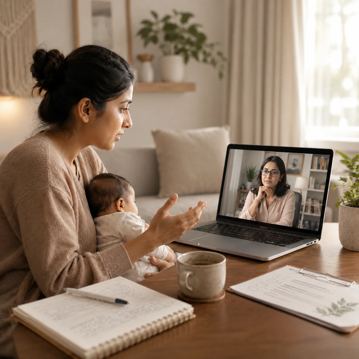 Indian mother holding her baby while receiving postpartum mental health support