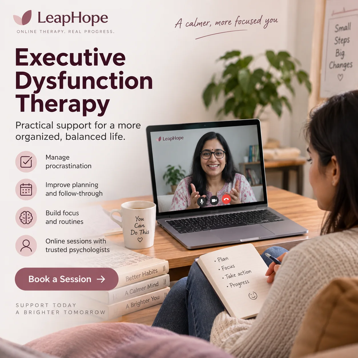 Adult attending online executive dysfunction therapy with a LeapHope psychologist