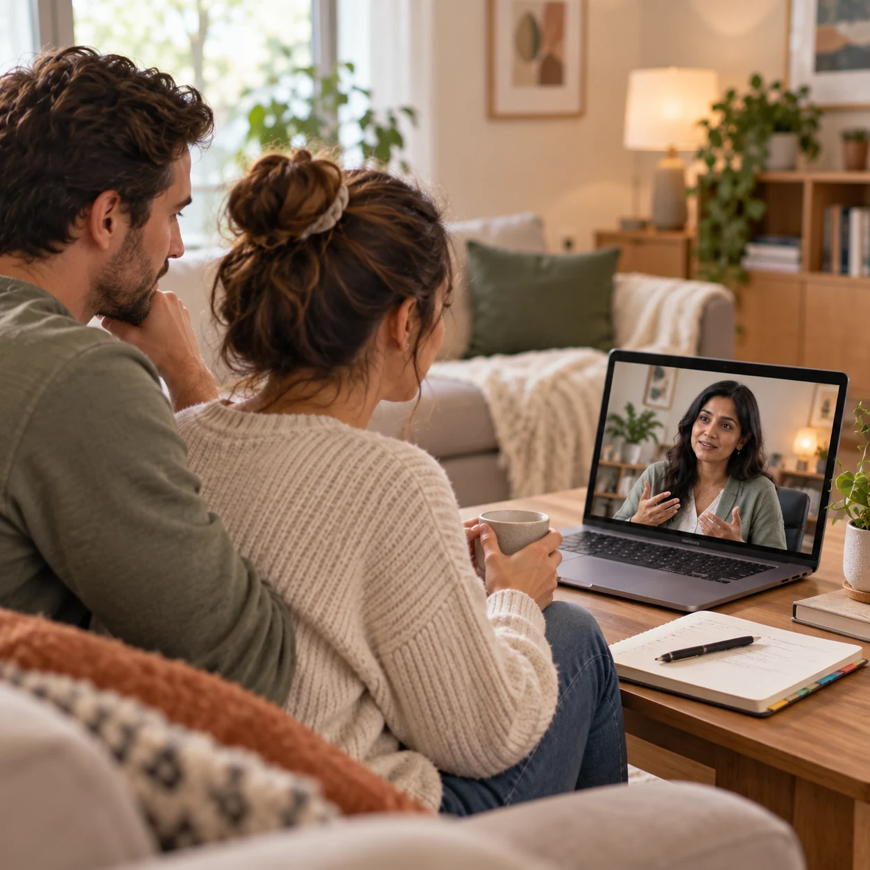 International couple attending online ADHD couples therapy with a LeapHope therapist