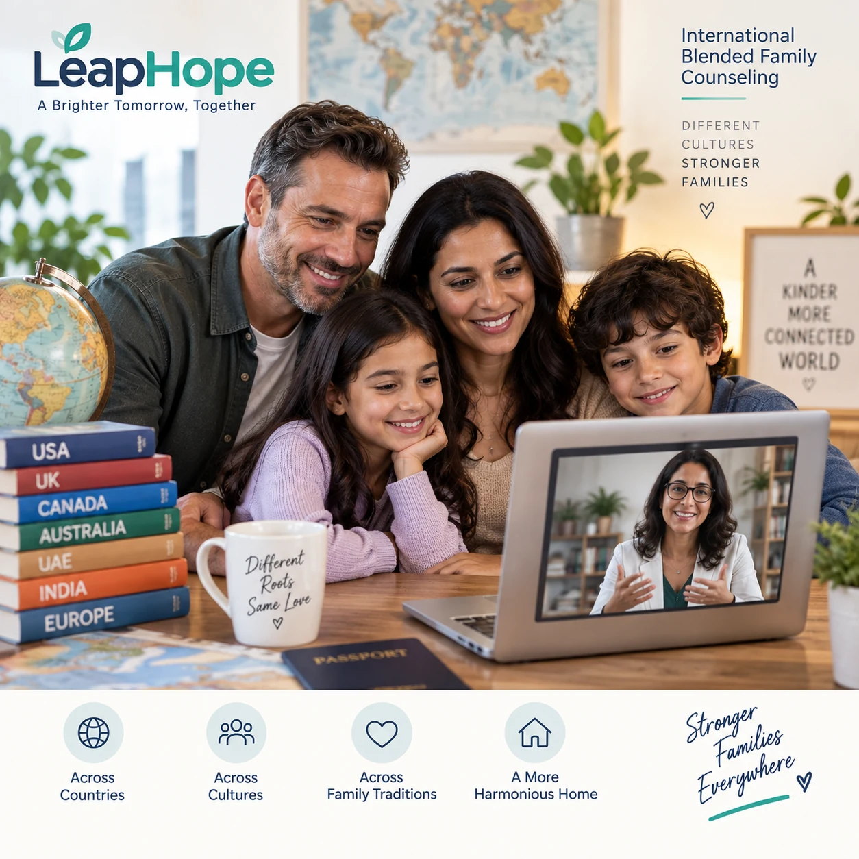 International blended family attending online counseling with a LeapHope therapist