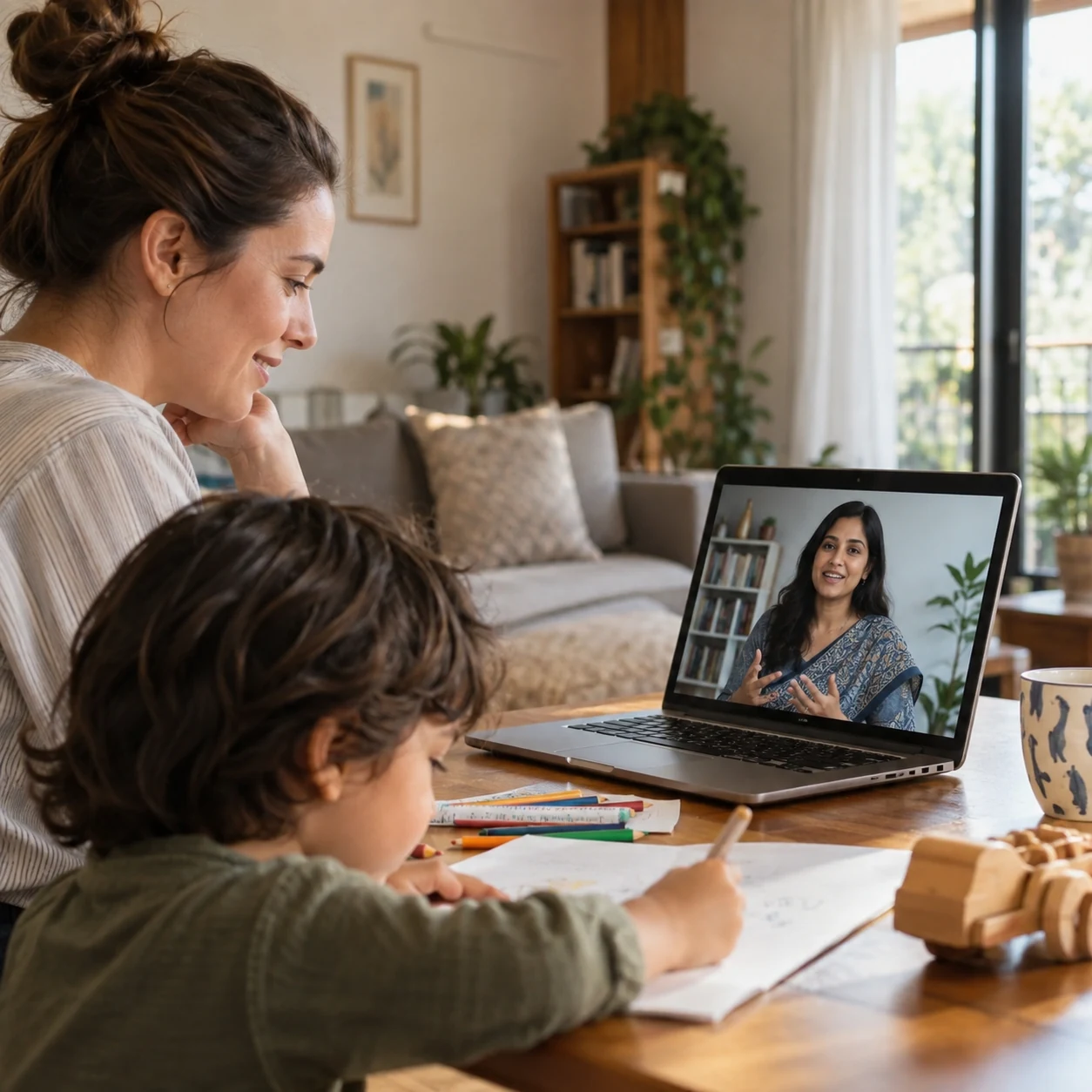 Parent attending international online co-parenting therapy with an Indian therapist through LeapHope