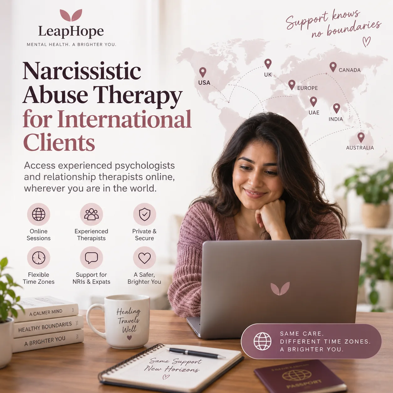 International client attending online narcissistic abuse therapy with a LeapHope psychologist