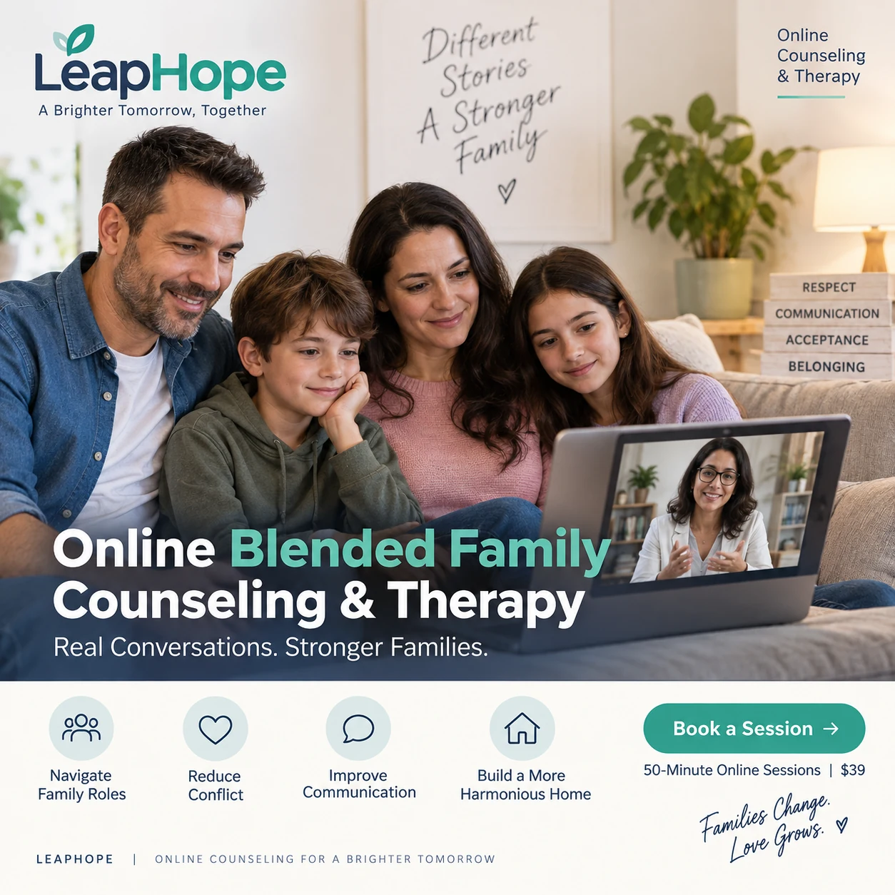Family attending online blended family counseling with an experienced LeapHope therapist