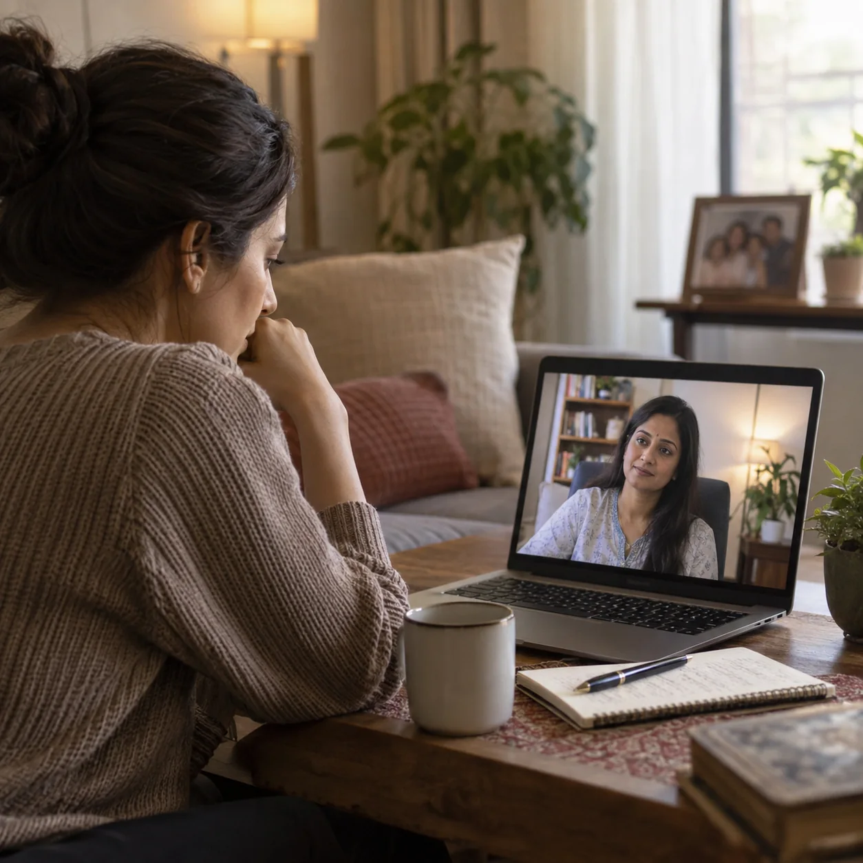Adult attending online family estrangement therapy with a senior LeapHope psychologist