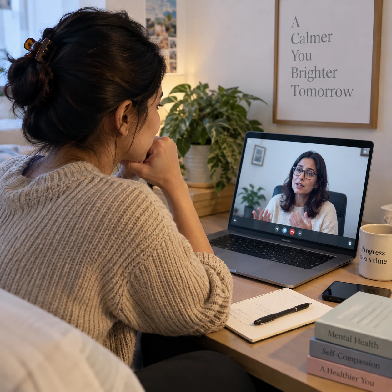 Individual attending online jealousy and insecurity therapy with a therapist
