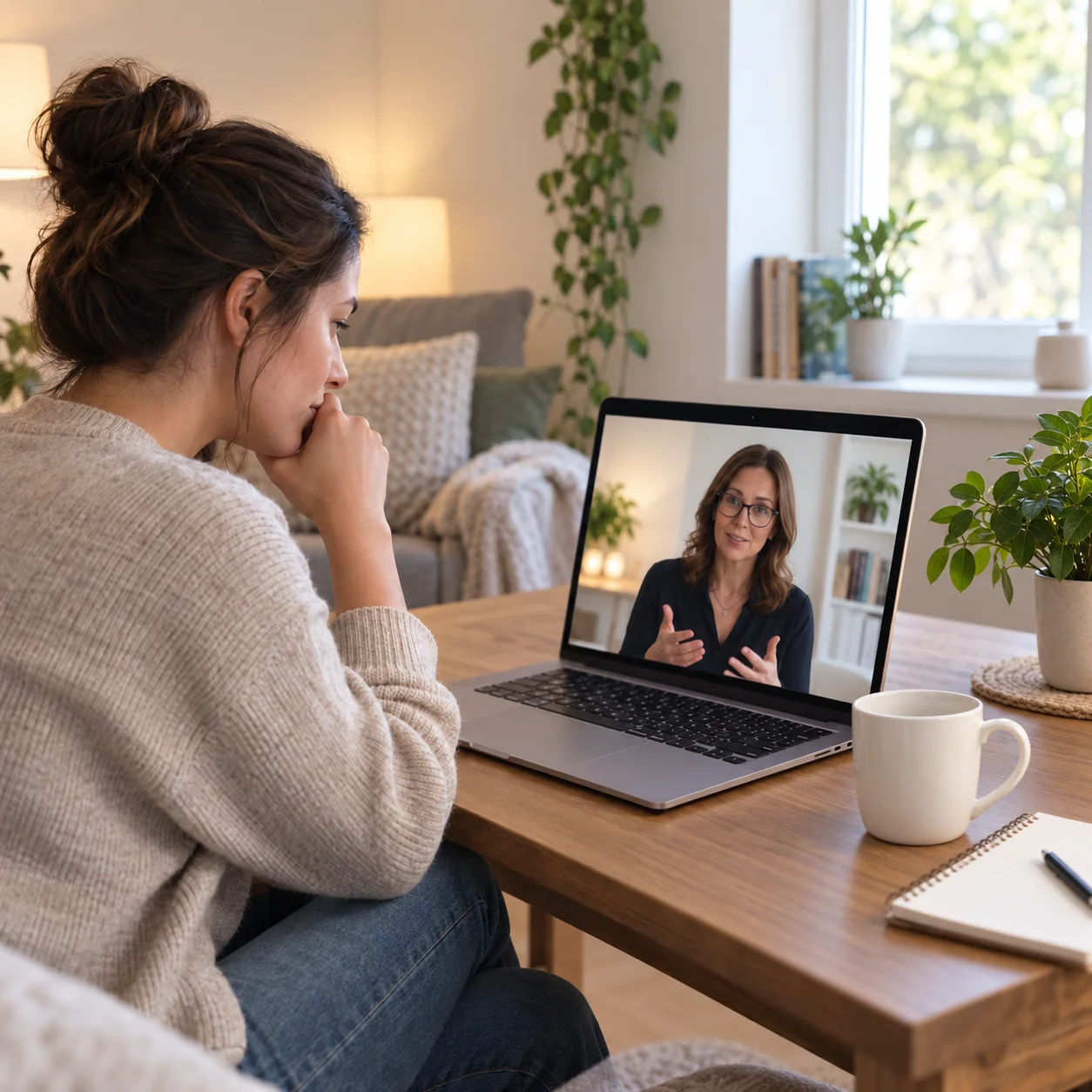 Woman attending online therapy for narcissistic abuse with a psychologist