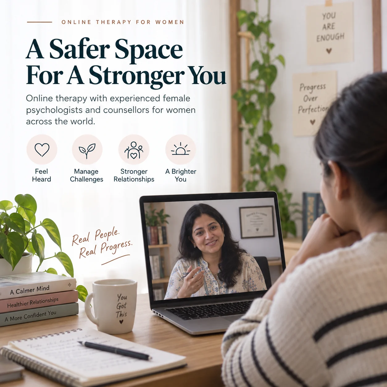 Woman attending online therapy with a female psychologist through LeapHope