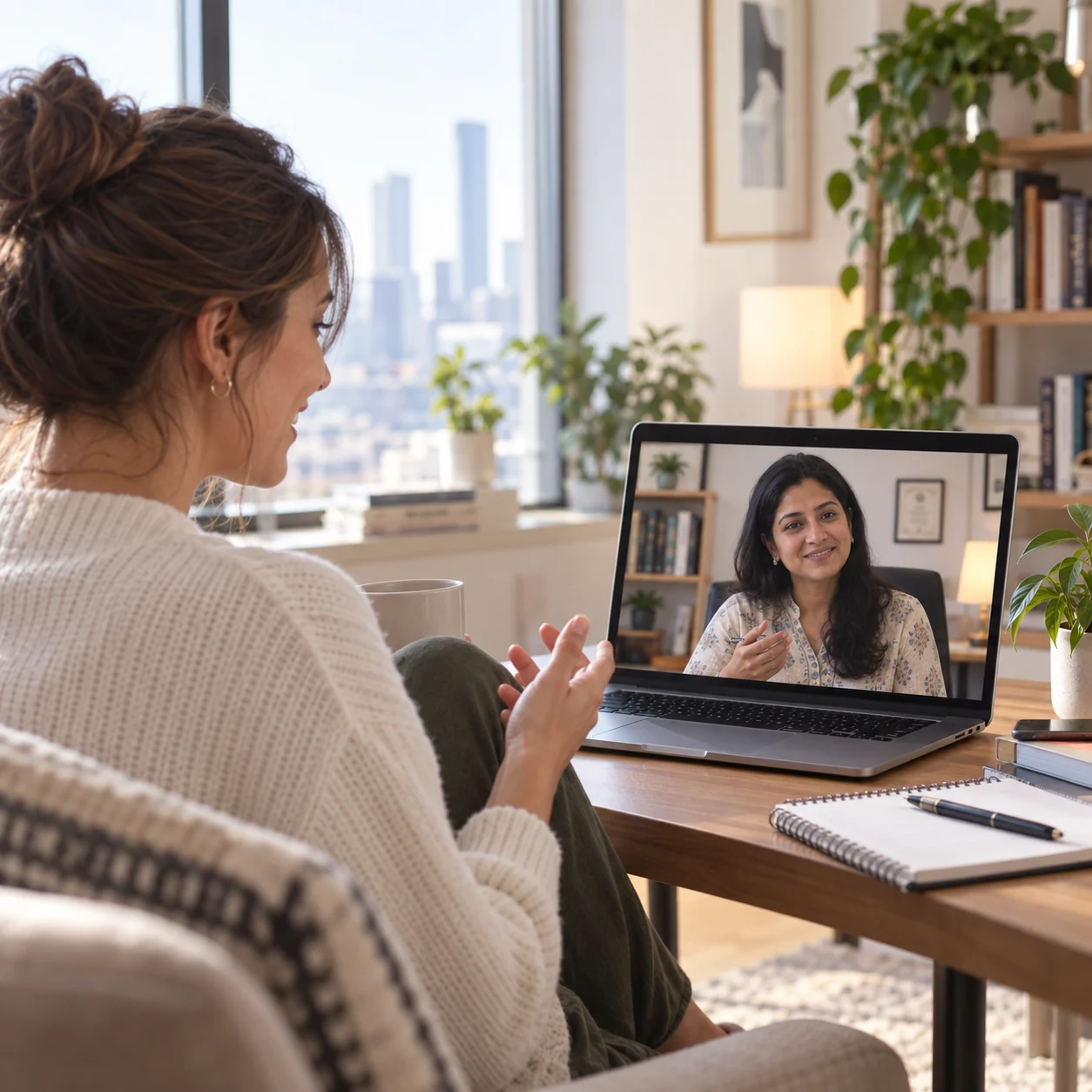 Woman attending online therapy with an English-speaking female psychologist