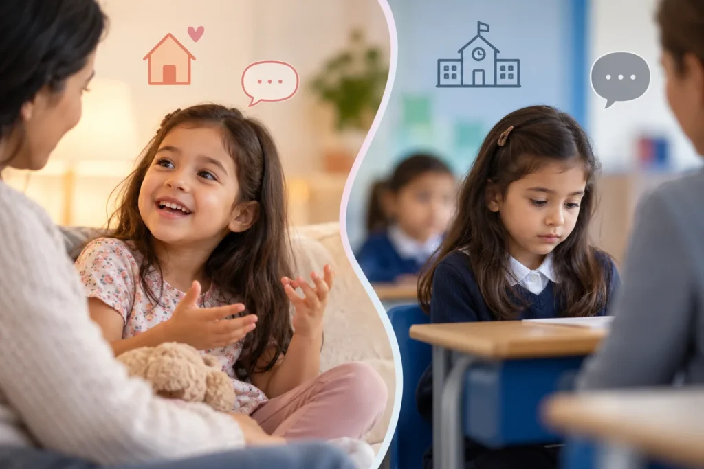 Young girl talking happily with her mother at home but remaining quiet in a classroom, illustrating selective mutism in children.