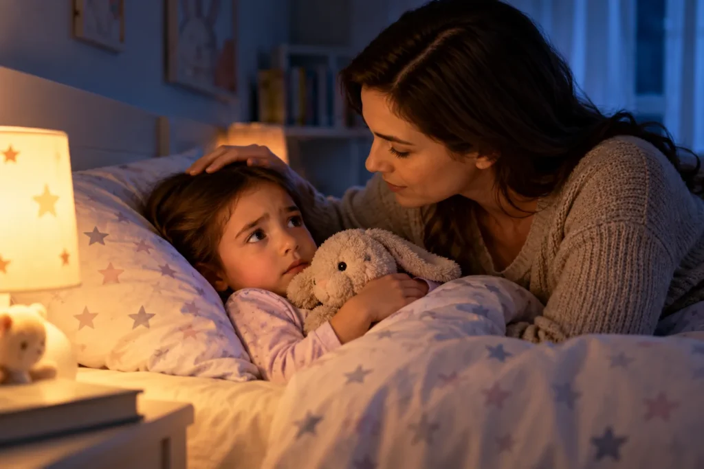 Mother comforting her anxious young daughter who is afraid to sleep alone at bedtime