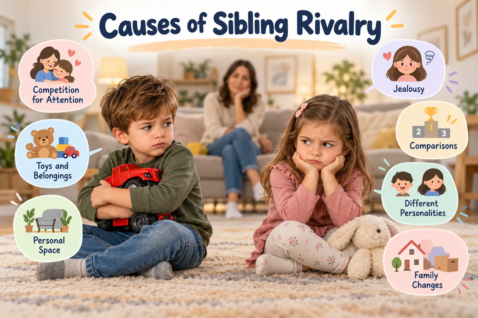 Why Do Siblings Fight So Much? 7 Causes & What Helps 3 Two upset siblings sitting apart with illustrations showing causes of sibling rivalry, including jealousy, parental attention, comparisons and personal boundaries.