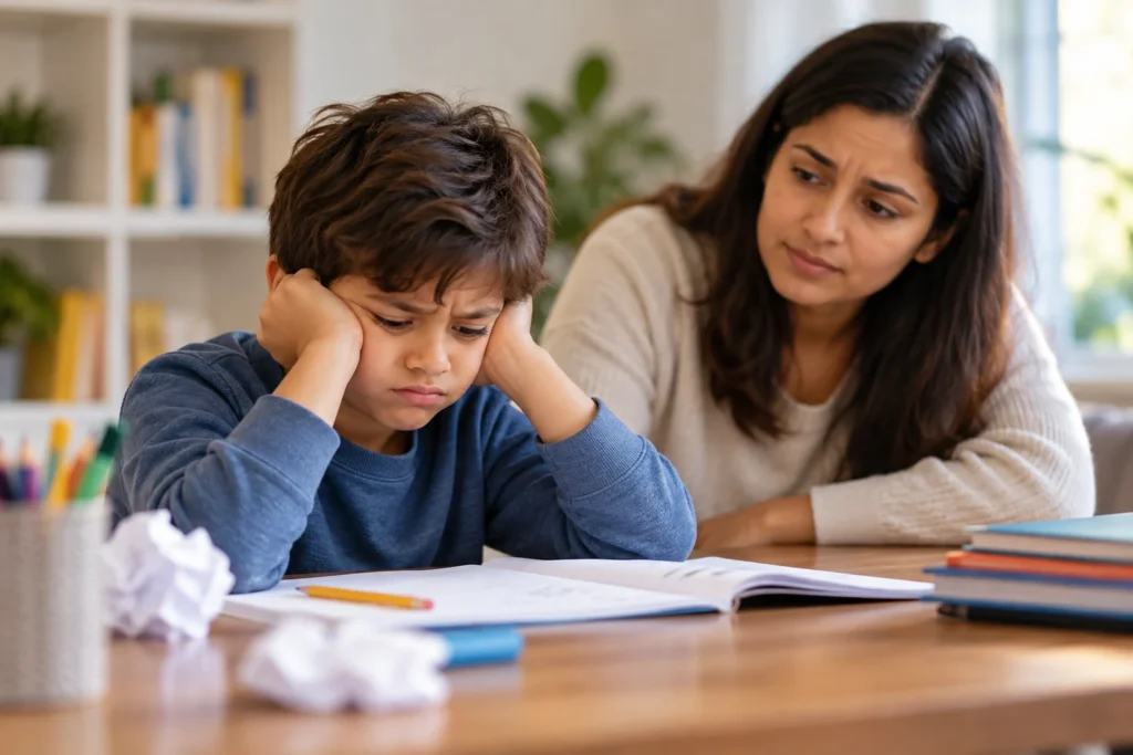 Child feeling frustrated with homework while parent offers support