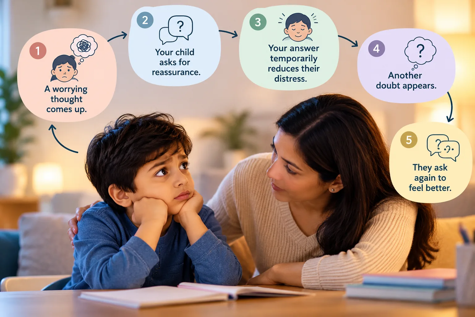 Why Does My Child Constantly Ask for Reassurance? 3 Infographic showing the five stages of the reassurance cycle in children, from a worrying thought and seeking reassurance to temporary relief and repeated questions.