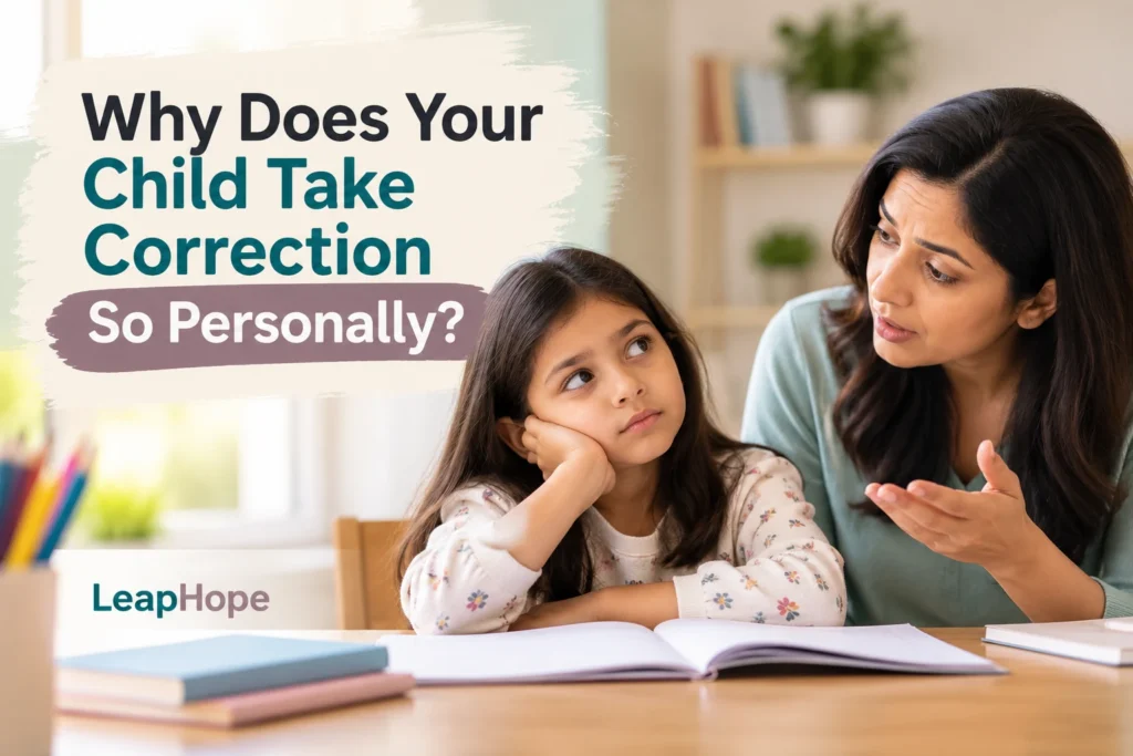 Why Does Your Child Take Correction So Personally? 2 Child taking correction personally during a conversation with parent