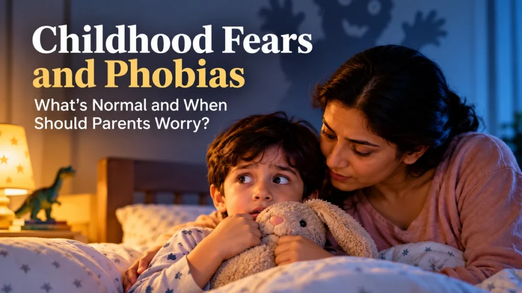 Childhood fears and phobias illustrated by a frightened young boy holding a stuffed bunny as his mother comforts him at bedtime.