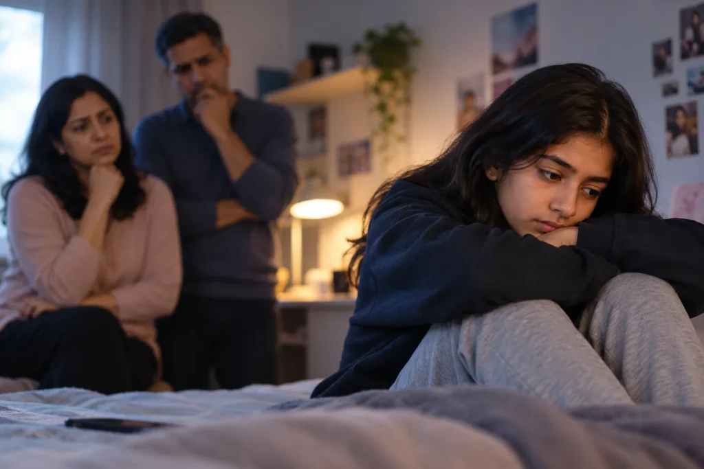 Is My Teenager Depressed? Signs and When to Get Help 2 Teenage girl sitting withdrawn in her bedroom while her concerned parents watch from behind