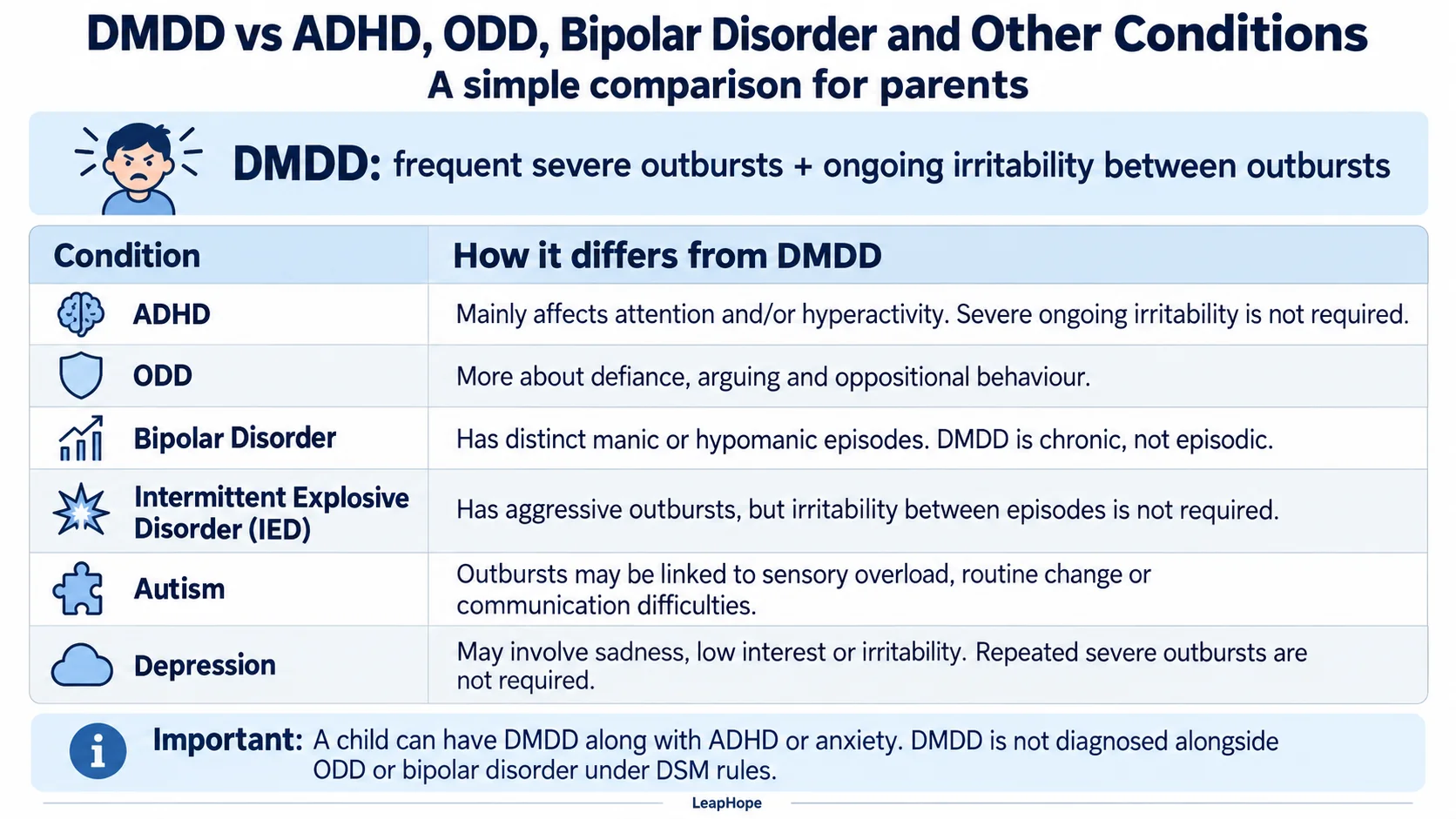 What Is DMDD In Kids? Persistent Irritability and Severe Outbursts in Children 3 DMDD vs ADHD, ODD, bipolar disorder, autism, IED and depression comparison chart for parents.