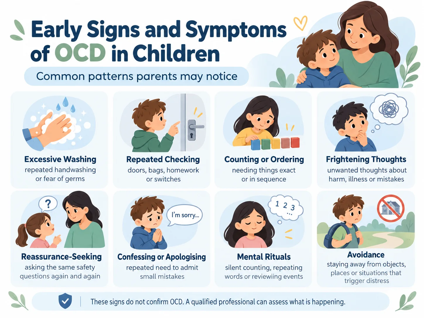 Infographic showing eight early signs and symptoms of OCD in children, including washing, checking, intrusive thoughts and reassurance-seeking