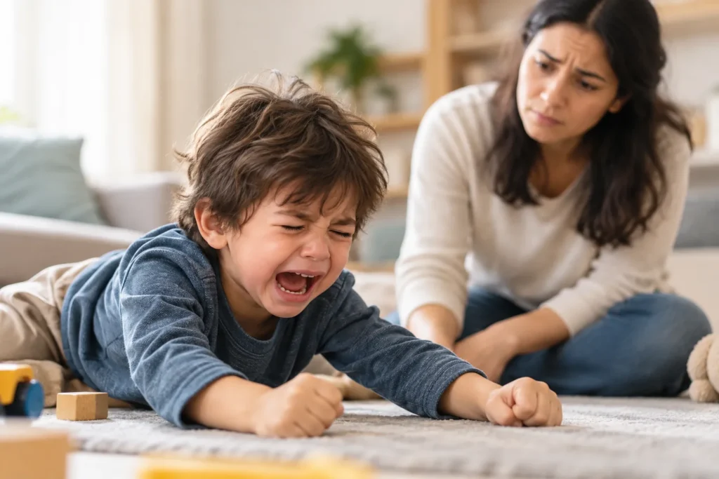 Why Does My Child Have Extreme Emotional Meltdowns? 2 Child having an extreme emotional meltdown while a parent tries to help
