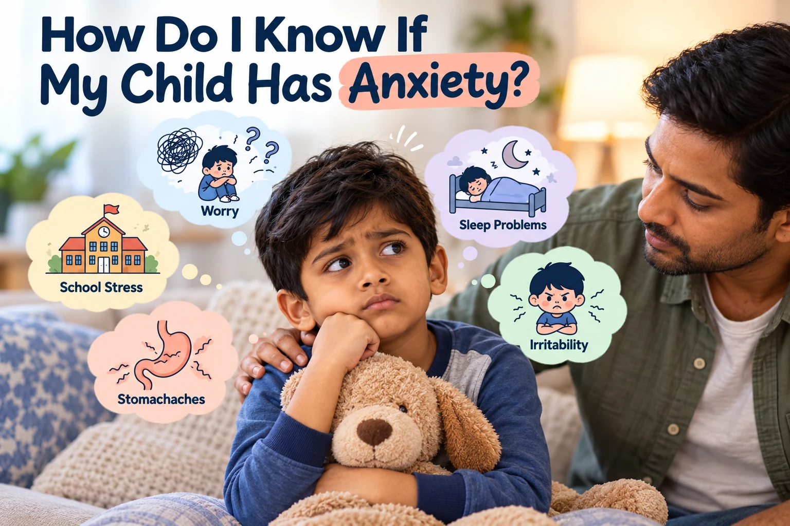 Boy showing signs of anxiety including worry, school stress, stomachaches, sleep problems and irritability