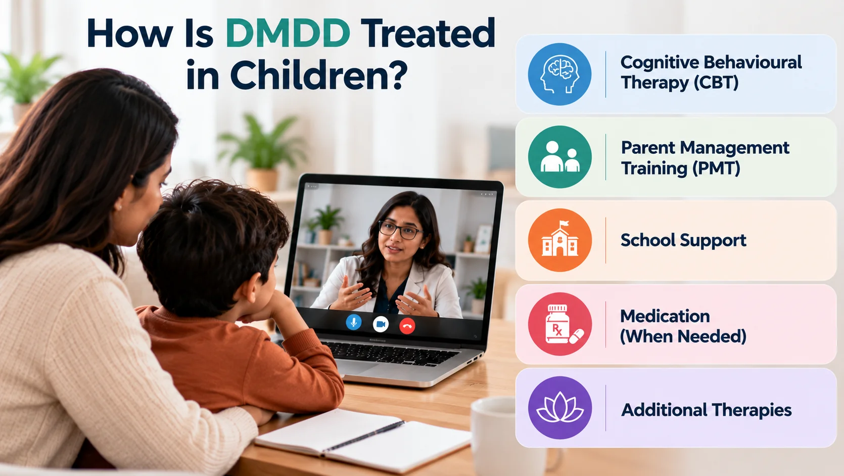 What Is DMDD In Kids? Persistent Irritability and Severe Outbursts in Children 4 Parent and child attending online therapy with a psychologist, showing CBT, parent management training, school support and other DMDD treatment options.