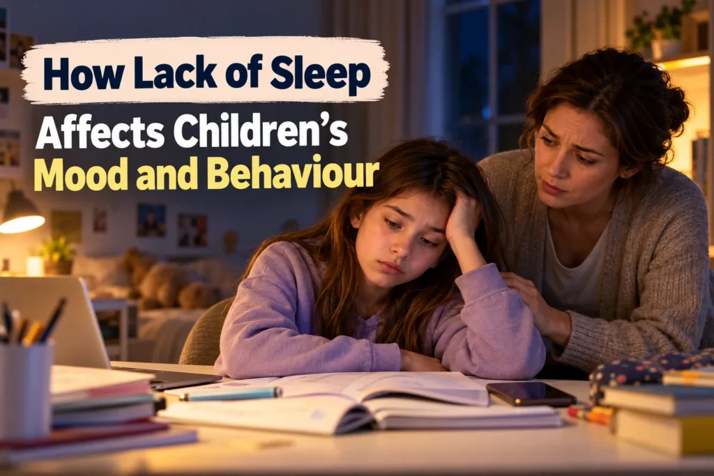 How Lack of Sleep Affects Children's Mood and Behaviour 2 Tired schoolgirl struggling with homework while her concerned mother comforts her, illustrating how lack of sleep affects children's mood and behaviour