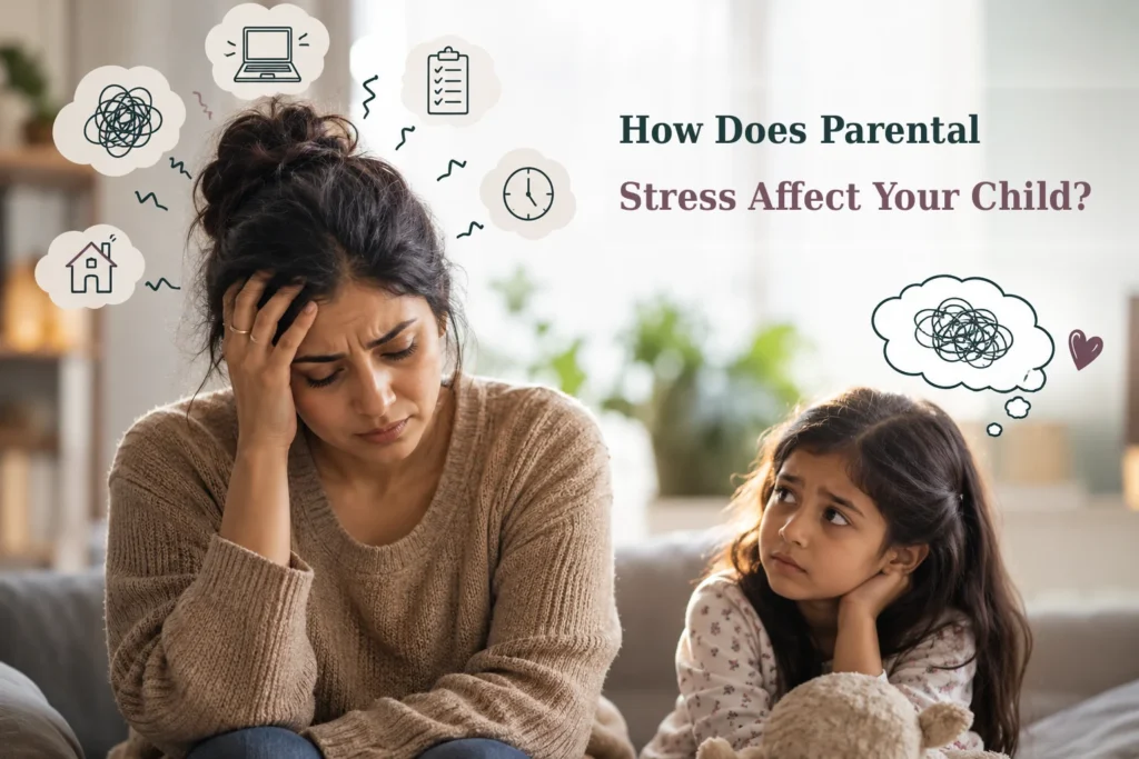 Is Your Stress Affecting Your Child? 2 Stressed mother sitting beside her concerned daughter, showing how parental stress can affect a child's emotional well-being.