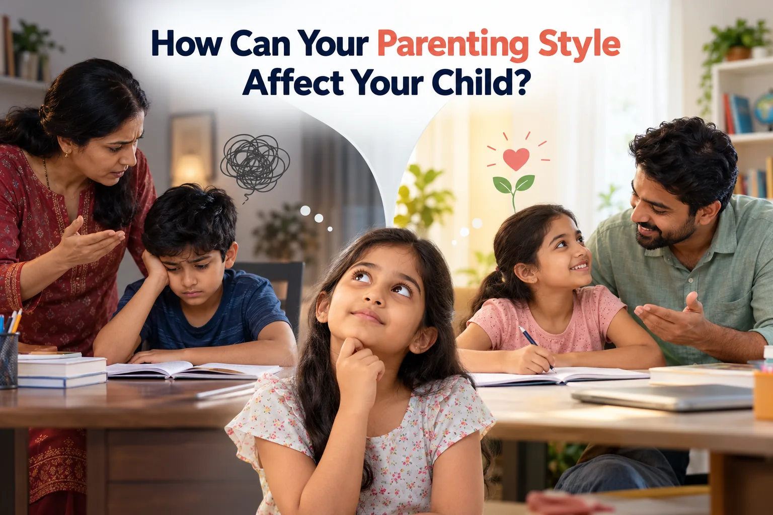 How Do Indian Parenting Styles Affect Children? 3 Indian parents showing different parenting approaches, with one child experiencing strict discipline and another receiving supportive guidance during homework.
