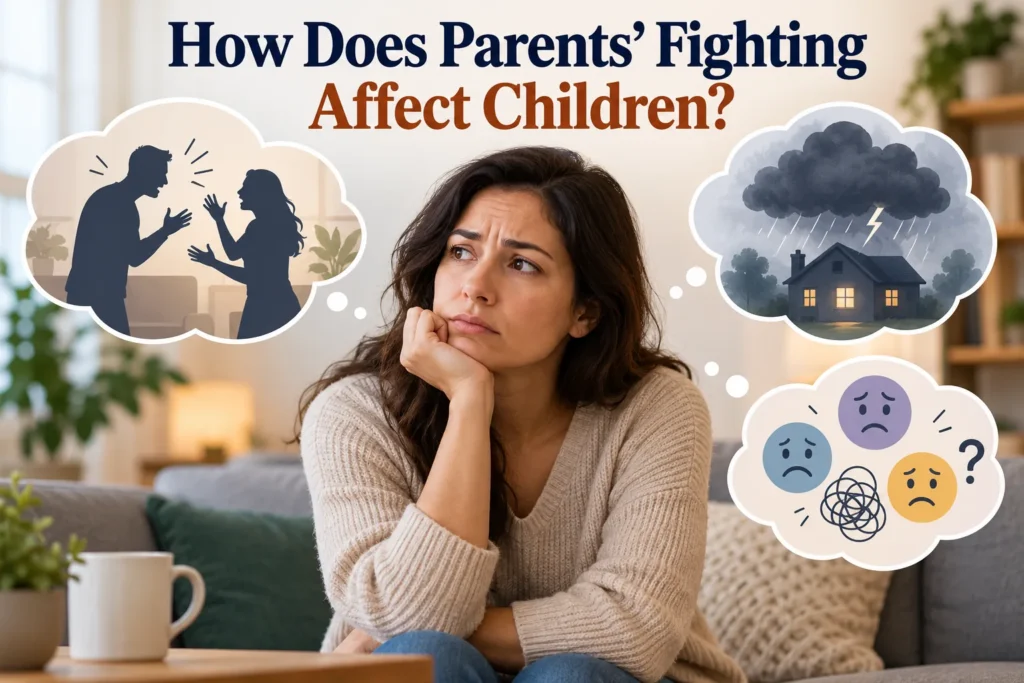How Does Parents' Fighting Affect Children? 2 Worried mother thinking about parental arguments and how fighting at home may affect children's mental health and emotional well-being.