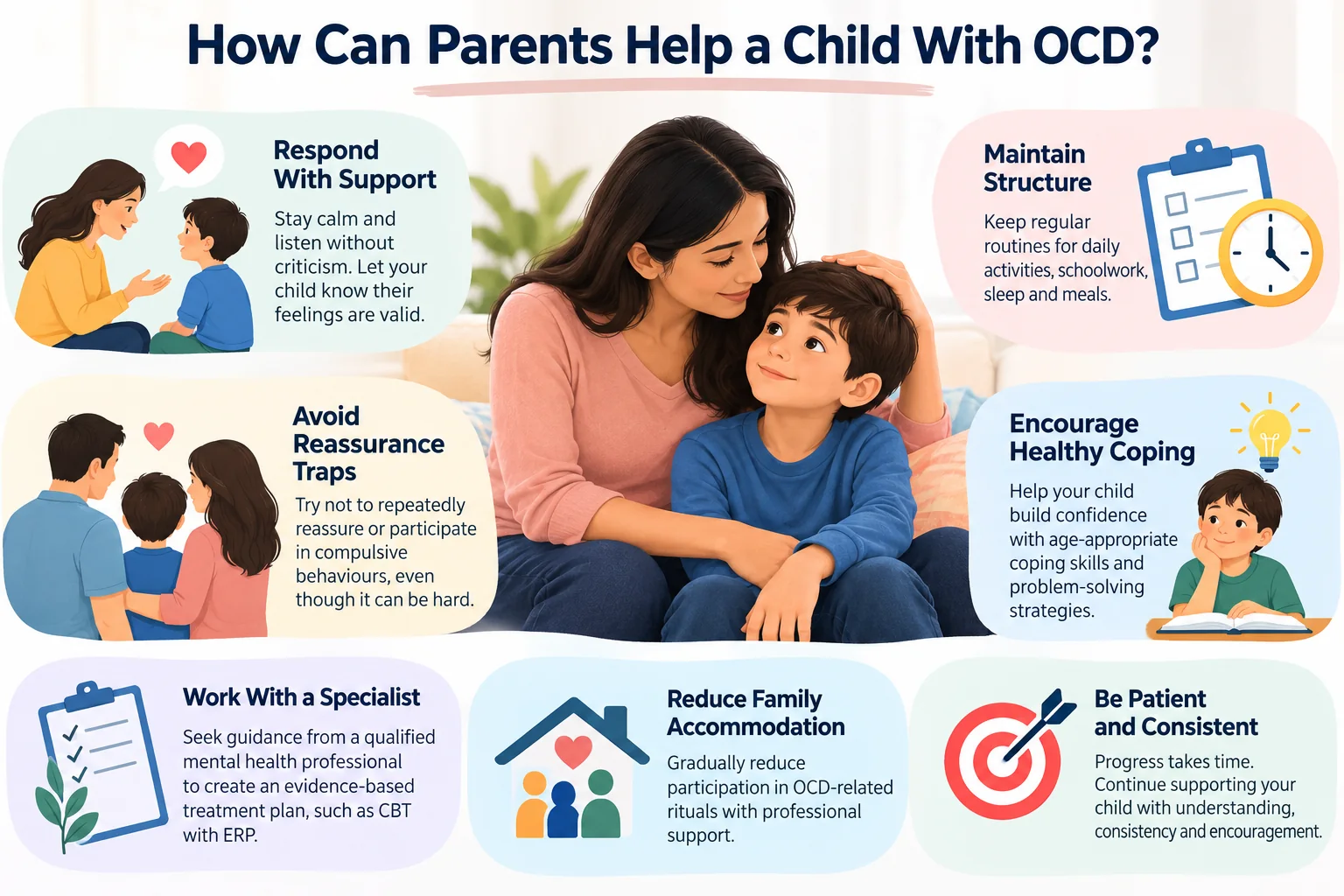 Infographic showing how parents can help a child with OCD through family support, reducing compulsions and specialist treatment