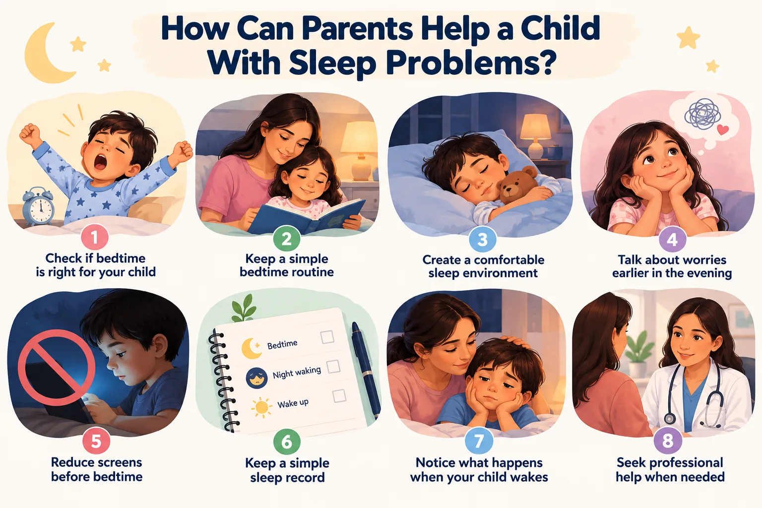 Childhood Sleep Problems: When Should Parents Worry? 4 Infographic showing eight ways parents can help children with sleep problems, including bedtime routines, reducing screens and tracking sleep
