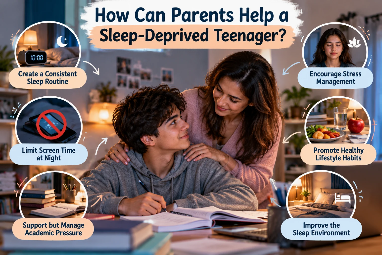 Infographic showing six ways parents can help a sleep-deprived teenager, including consistent routines, screen limits and managing academic stress